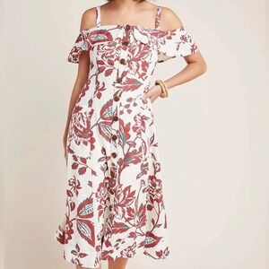 Anthropologie Cream & Red Floral Oahu‎ Off The Shoulder Midi Dress Size 6